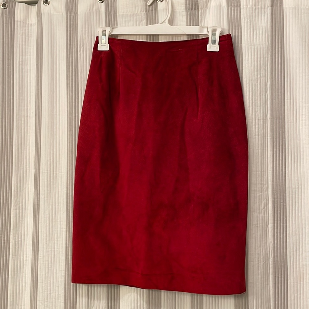 Vintage Danier red leather suede pencil skirt with slit in back